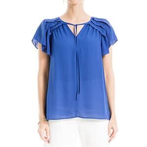 Max Studio Blouse Womens Small Blue Ruffle Office Church Flowy‎ Top Loose Twee